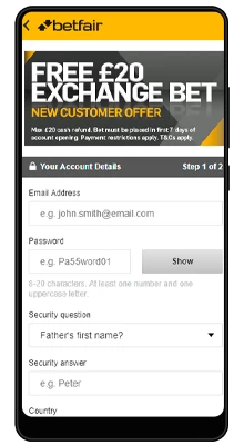 registration in the betfair mobile application for android