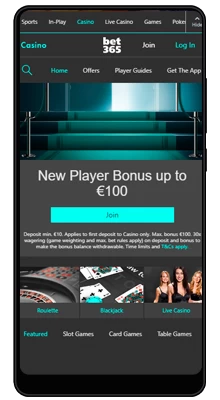 casino section in bet365 mobile application