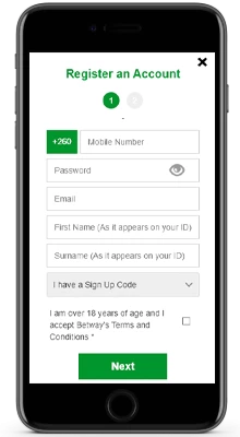 registration form in the betway application on ios