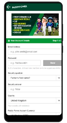 registration in the paddy power mobile app for android