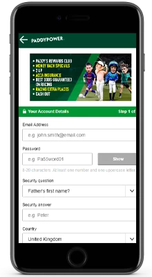 registration in the paddy power mobile app on iphone